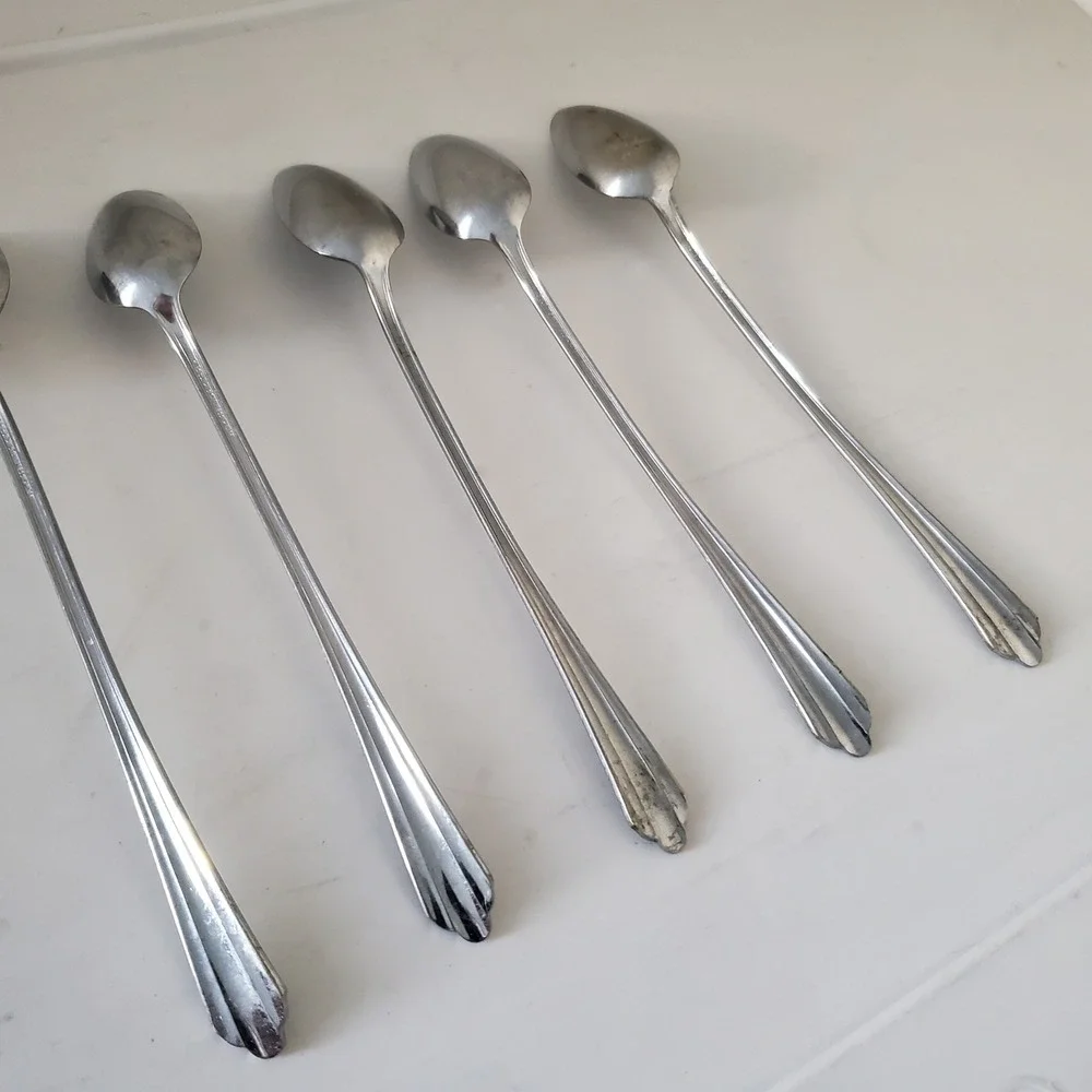 Vintage NS Co Stainless Plate Iced Tea Spoons Set of 5 Art Deco Long Handle